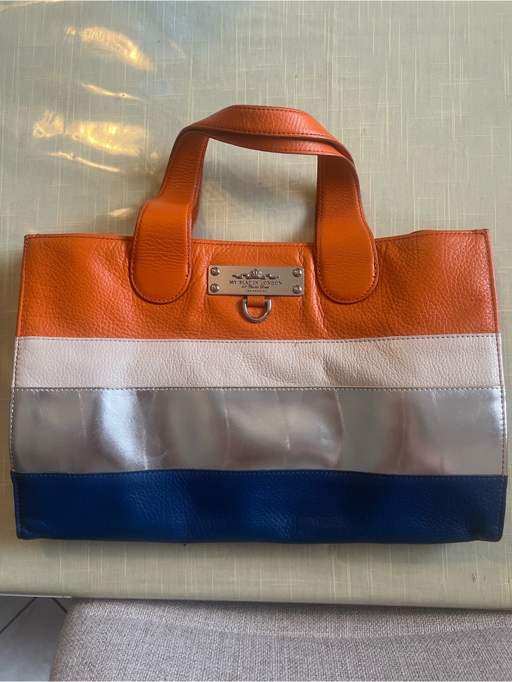 My Flat in London Orange, White & Blue Tricolor Leather Tote
